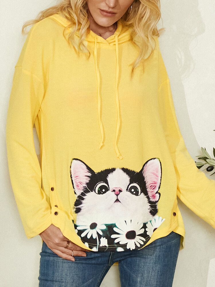 Sudadera Con Capucha Con Estampado De Flores Y Estampado De Flores De Gato De Dibujos Animados Con Cordón Y Dobladillo Curvo Para Mujer