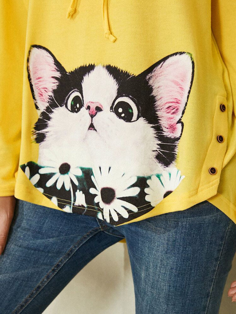 Sudadera Con Capucha Con Estampado De Flores Y Estampado De Flores De Gato De Dibujos Animados Con Cordón Y Dobladillo Curvo Para Mujer