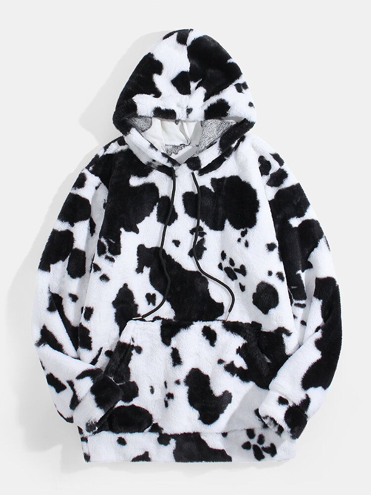 Sudadera Con Capucha De Felpa De Manga Larga Mullida Con Estampado De Vacas Para Hombre Con Bolsillo Canguro