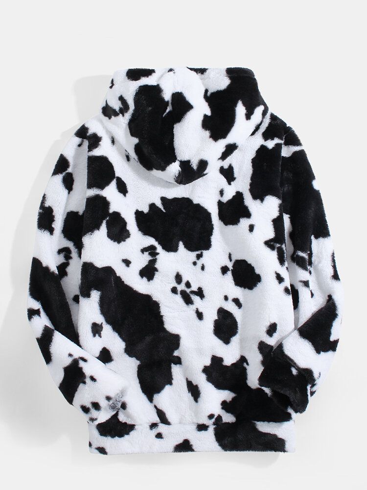 Sudadera Con Capucha De Felpa De Manga Larga Mullida Con Estampado De Vacas Para Hombre Con Bolsillo Canguro