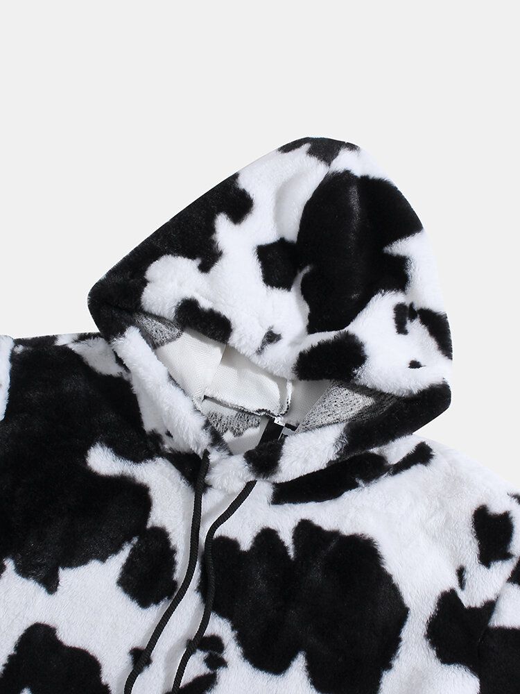 Sudadera Con Capucha De Felpa De Manga Larga Mullida Con Estampado De Vacas Para Hombre Con Bolsillo Canguro