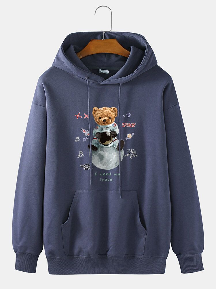 Sudadera Con Capucha De Hombro Caído Con Estampado De Oso Astronauta 100% Algodón Para Hombre Con Bolsillo