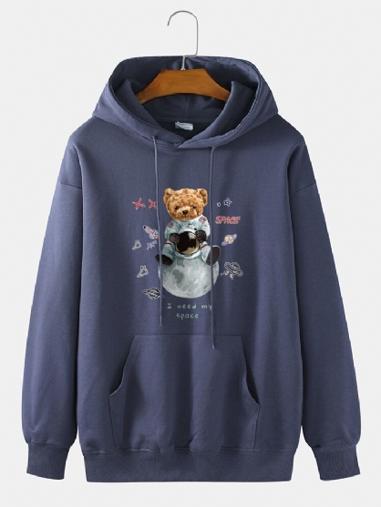 Sudadera Con Capucha De Hombro Caído Con Estampado De Oso Astronauta 100% Algodón Para Hombre Con Bolsillo