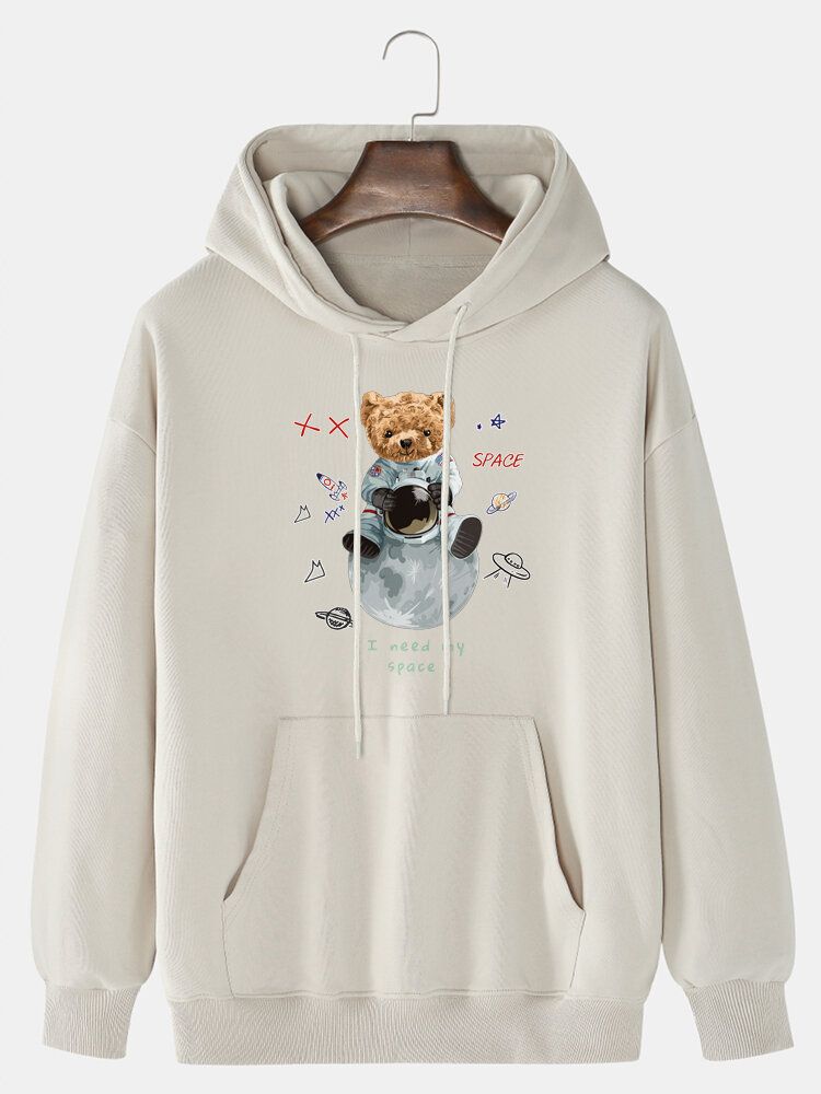 Sudadera Con Capucha De Hombro Caído Con Estampado De Oso Astronauta 100% Algodón Para Hombre Con Bolsillo