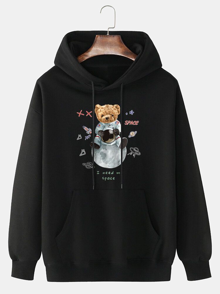 Sudadera Con Capucha De Hombro Caído Con Estampado De Oso Astronauta 100% Algodón Para Hombre Con Bolsillo