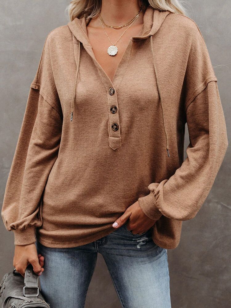 Sudadera Con Capucha Con Hombros Descubiertos Y Medio Botón De Color Sólido Para Mujer