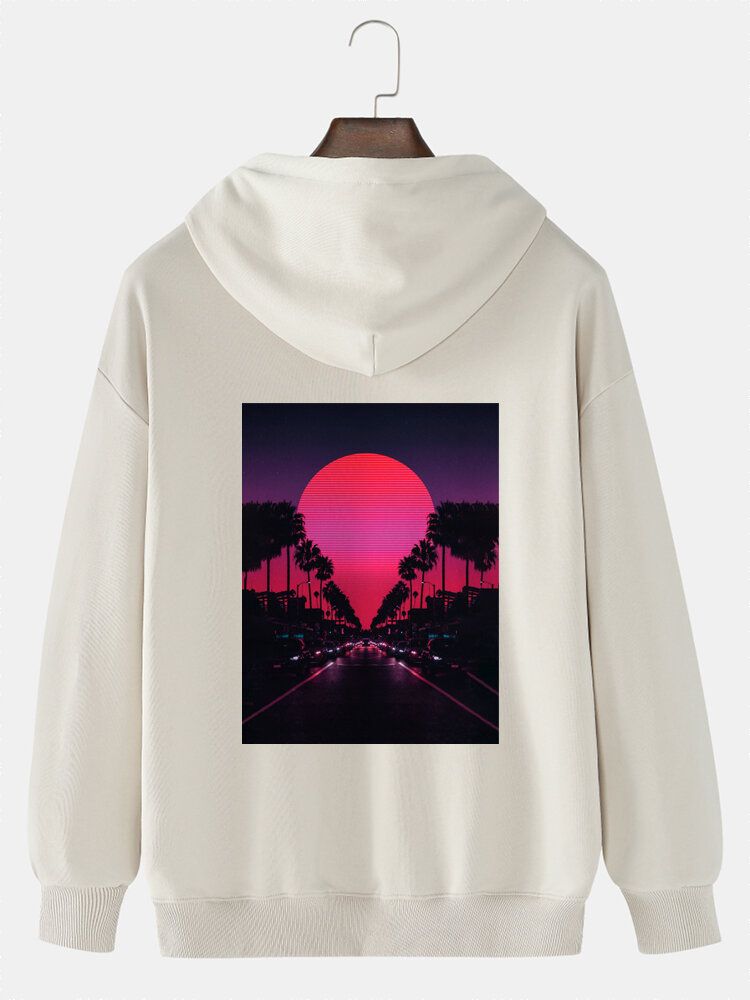 Sudadera Con Capucha Informal De Algodón Sólido Con Estampado En La Espalda Y Estampado De Paisaje Al Atardecer Para Hombre