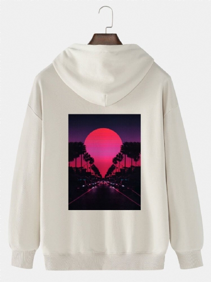 Sudadera Con Capucha Informal De Algodón Sólido Con Estampado En La Espalda Y Estampado De Paisaje Al Atardecer Para Hombre