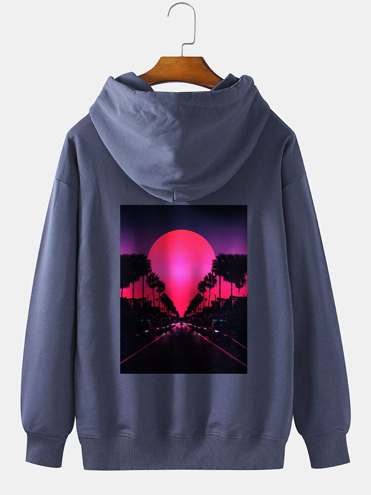 Sudadera Con Capucha Informal De Algodón Sólido Con Estampado En La Espalda Y Estampado De Paisaje Al Atardecer Para Hombre