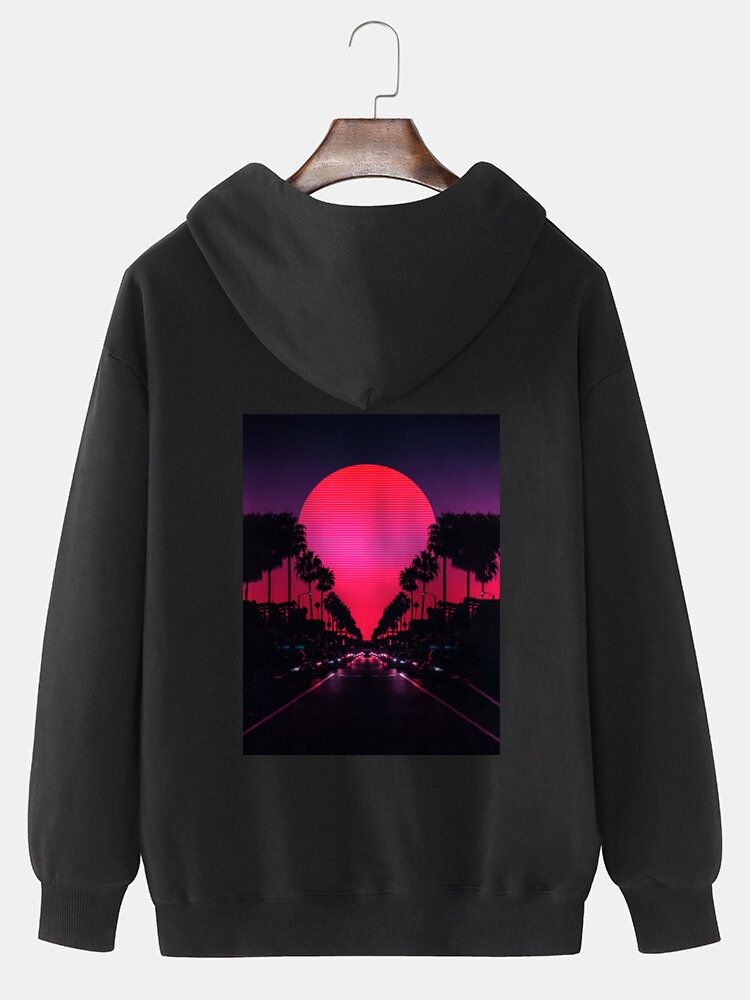 Sudadera Con Capucha Informal De Algodón Sólido Con Estampado En La Espalda Y Estampado De Paisaje Al Atardecer Para Hombre