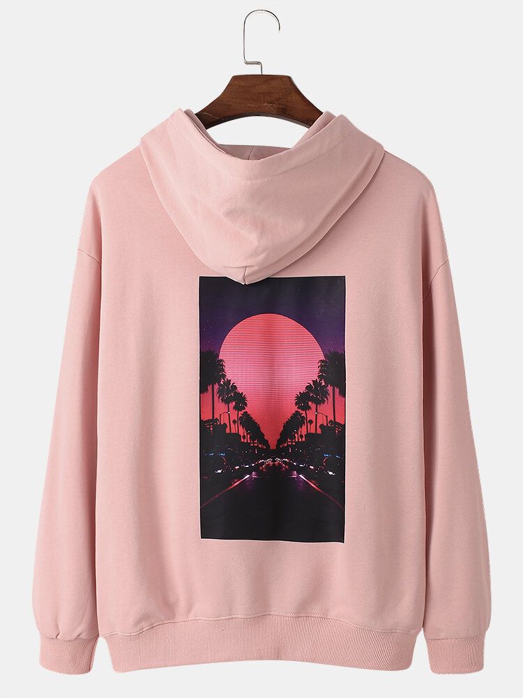 Sudadera Con Capucha Informal De Algodón Sólido Con Estampado En La Espalda Y Estampado De Paisaje Al Atardecer Para Hombre