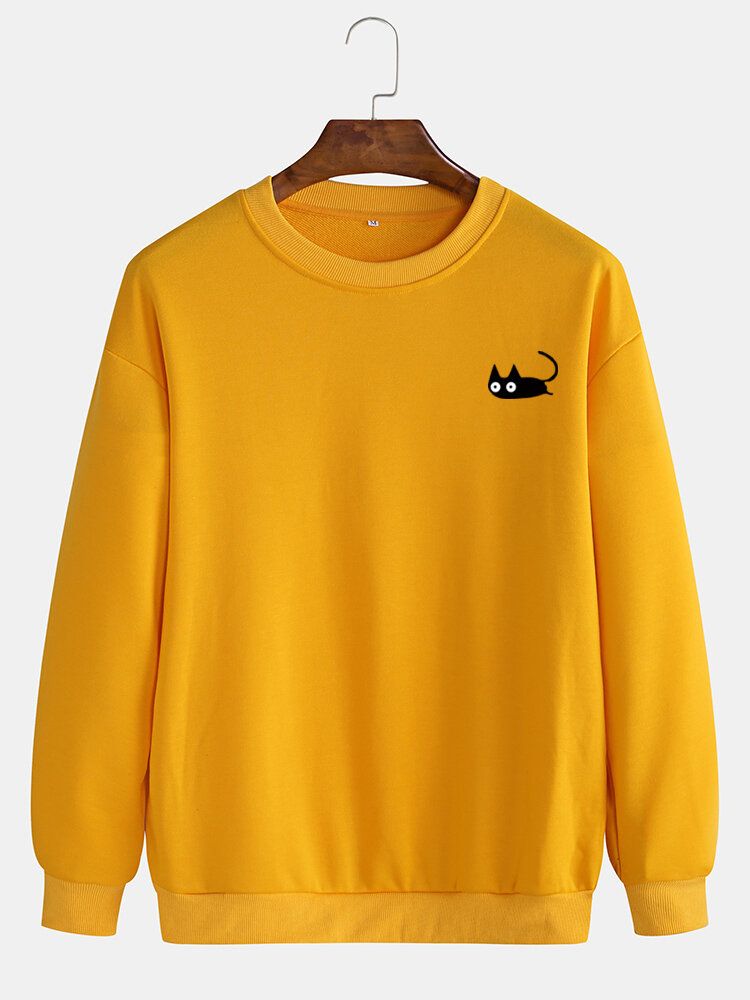 Sudadera Con Capucha Informal Con Cuello Redondo De Color Sólido Con Patrón De Gato Lindo Para Hombre