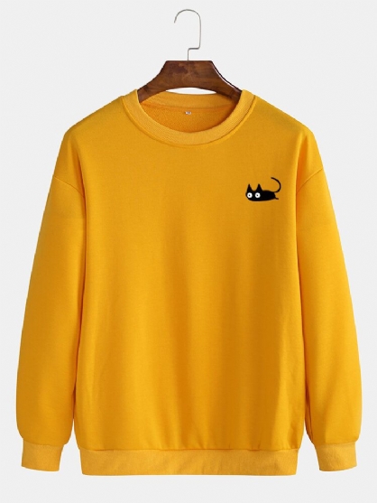 Sudadera Con Capucha Informal Con Cuello Redondo De Color Sólido Con Patrón De Gato Lindo Para Hombre