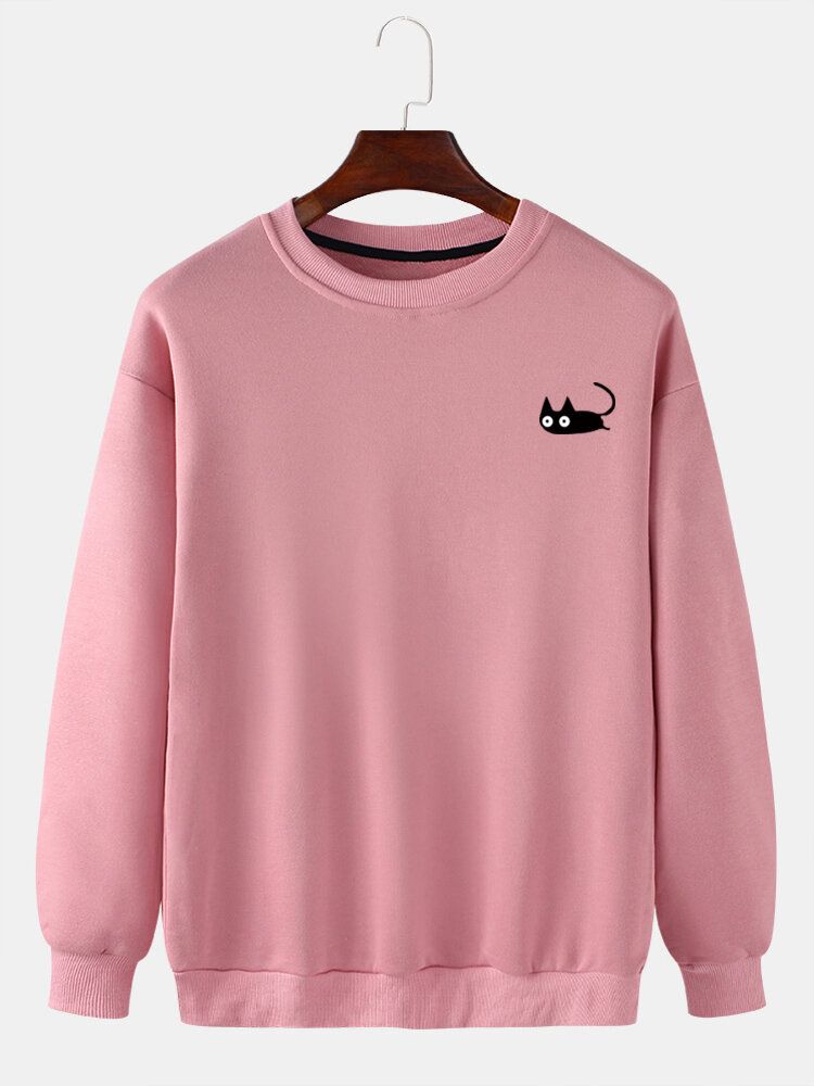 Sudadera Con Capucha Informal Con Cuello Redondo De Color Sólido Con Patrón De Gato Lindo Para Hombre