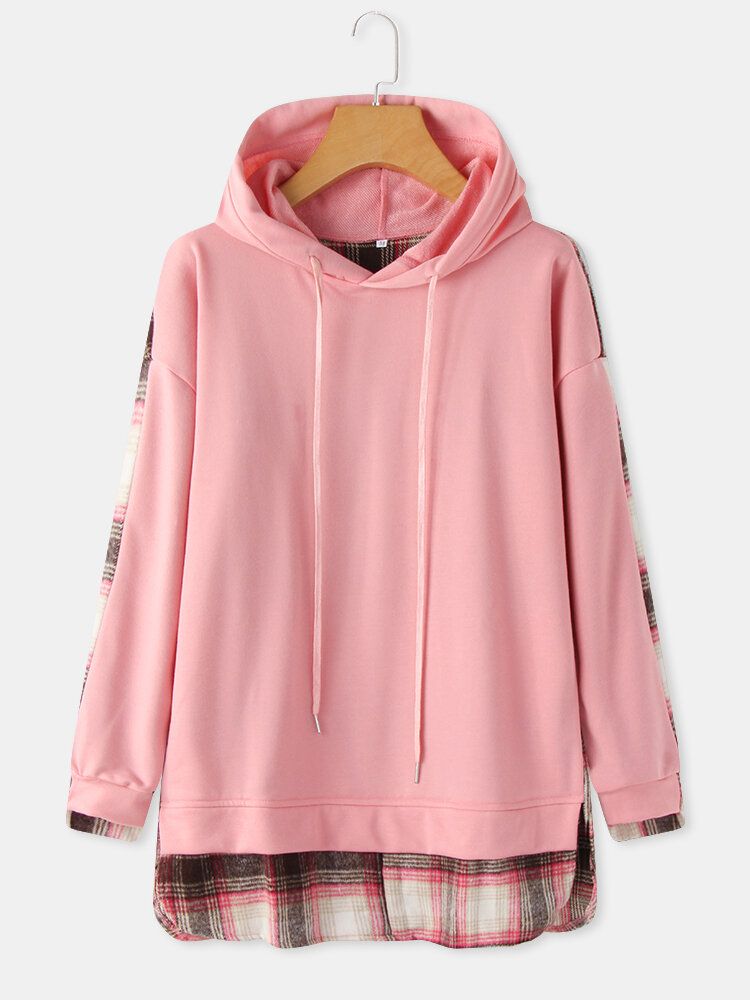 Sudadera Con Capucha Informal Con Dobladillo Dividido Con Cordón De Retazos A Cuadros Para Mujer