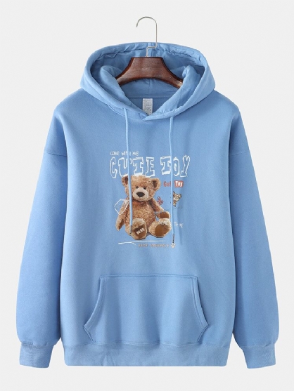 Sudadera Con Capucha Informal Gruesa De Terciopelo Con Estampado De Oso Lindo Para Hombre