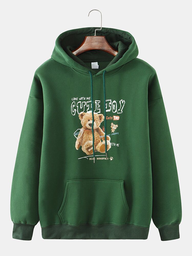 Sudadera Con Capucha Informal Gruesa De Terciopelo Con Estampado De Oso Lindo Para Hombre