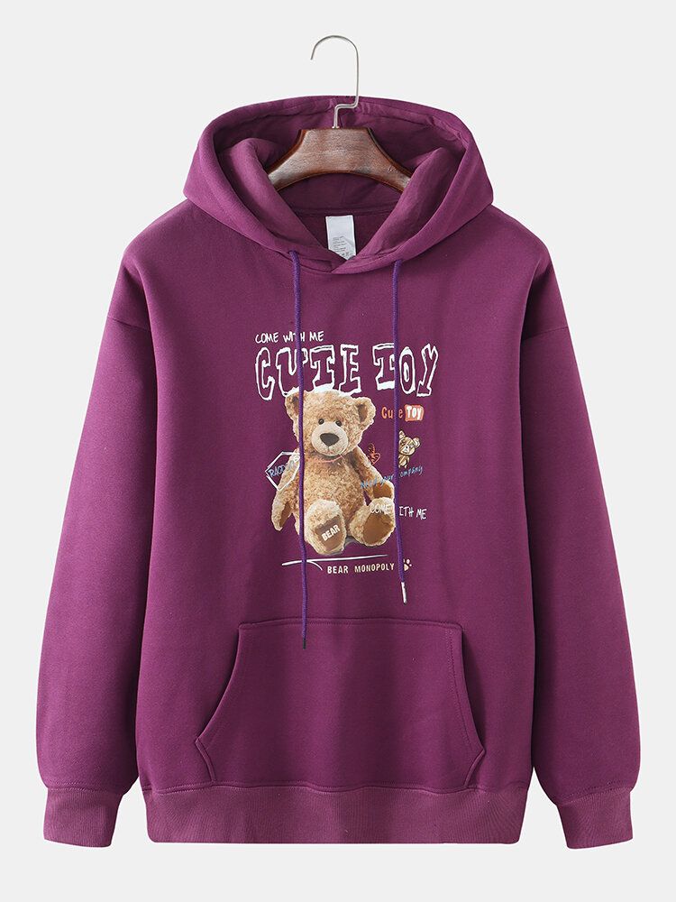 Sudadera Con Capucha Informal Gruesa De Terciopelo Con Estampado De Oso Lindo Para Hombre