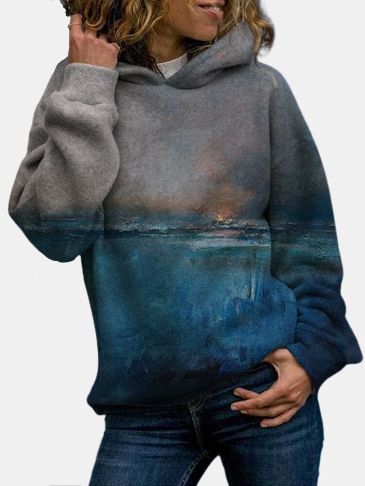 Sudadera Con Capucha Informal De Manga Larga Estampada Con Estampado De Puesta De Sol Y Paisaje Para Mujer