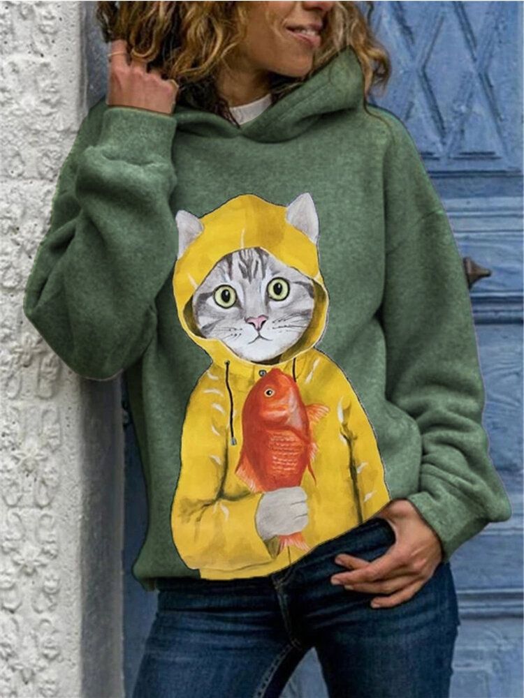 Sudadera Con Capucha Informal De Manga Larga Con Estampado Gráfico De Gato De Dibujos Animados Lindo Para Mujer