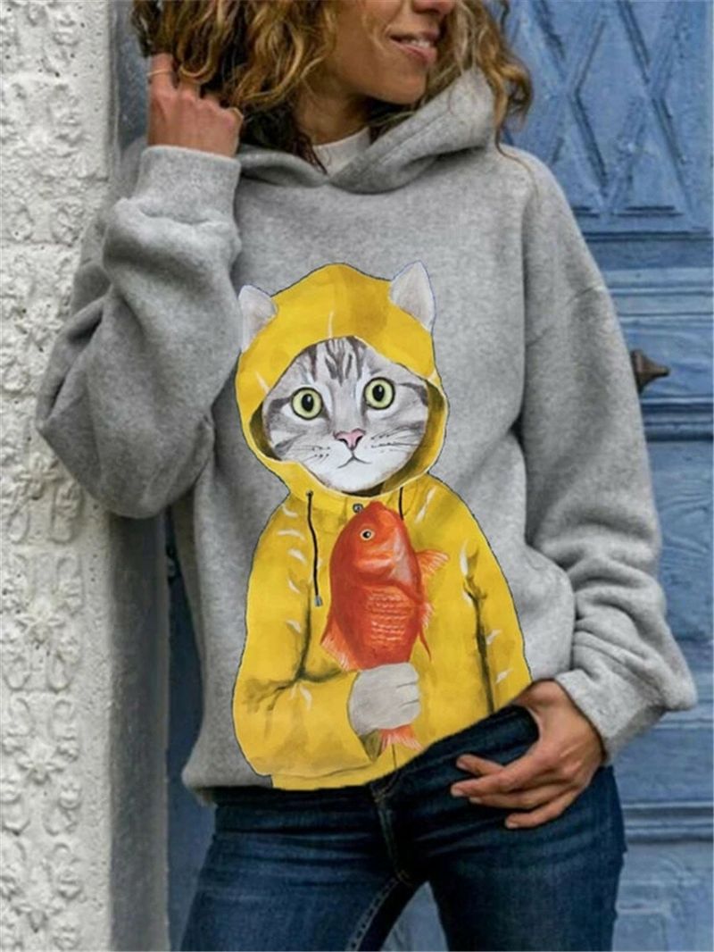 Sudadera Con Capucha Informal De Manga Larga Con Estampado Gráfico De Gato De Dibujos Animados Lindo Para Mujer