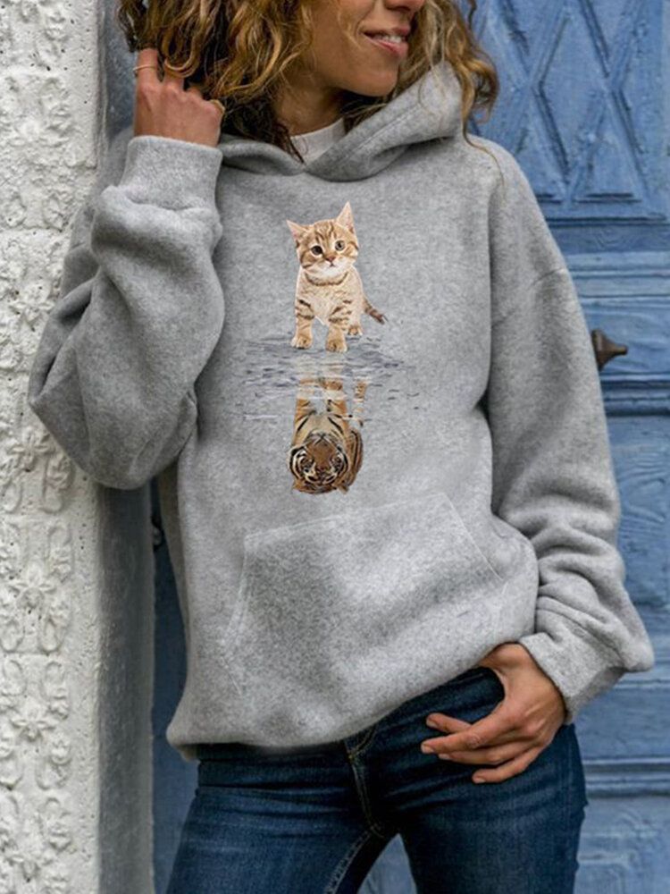 Sudadera Con Capucha Informal De Manga Larga Con Estampado Gráfico De Gato Lindo Para Mujer