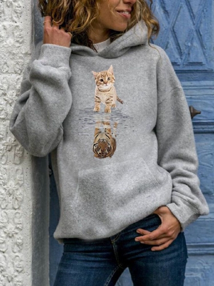 Sudadera Con Capucha Informal De Manga Larga Con Estampado Gráfico De Gato Lindo Para Mujer