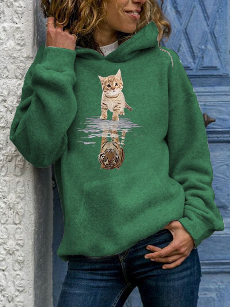 Sudadera Con Capucha Informal De Manga Larga Con Estampado Gráfico De Gato Lindo Para Mujer