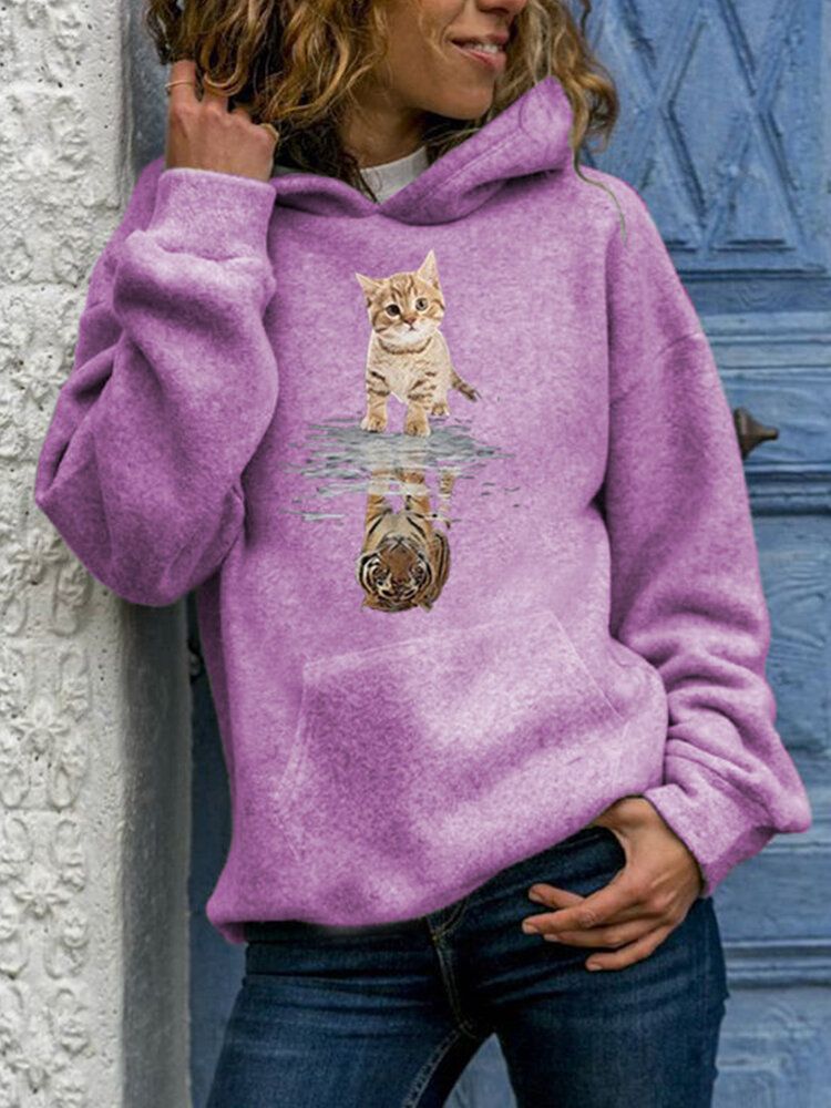 Sudadera Con Capucha Informal De Manga Larga Con Estampado Gráfico De Gato Lindo Para Mujer