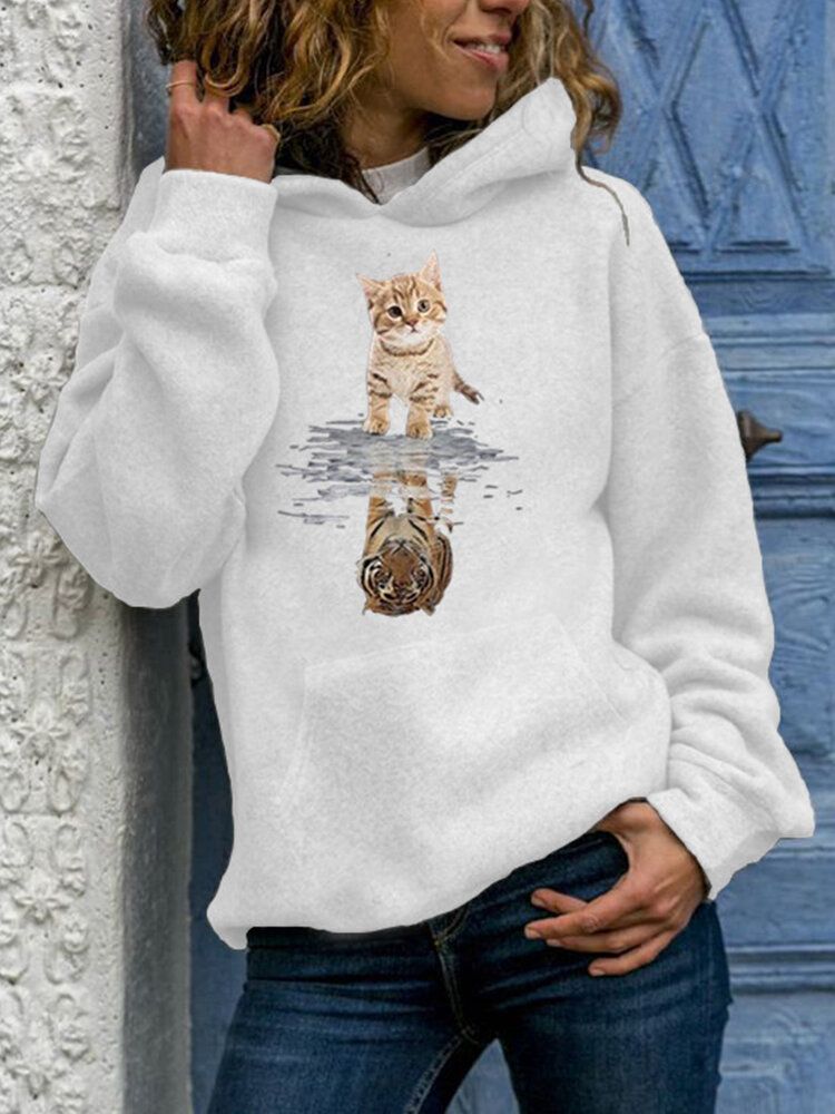 Sudadera Con Capucha Informal De Manga Larga Con Estampado Gráfico De Gato Lindo Para Mujer