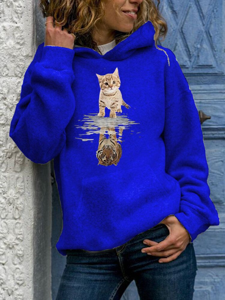 Sudadera Con Capucha Informal De Manga Larga Con Estampado Gráfico De Gato Lindo Para Mujer