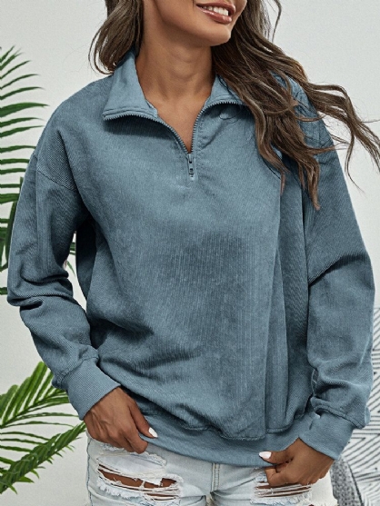 Sudadera Con Capucha Informal Con Media Cremallera Y Cuello Alto De Pana De Color Sólido Para Mujer