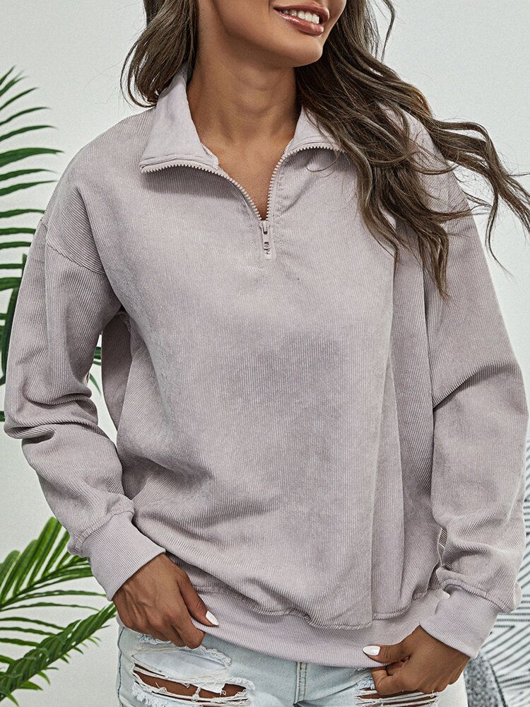 Sudadera Con Capucha Informal Con Media Cremallera Y Cuello Alto De Pana De Color Sólido Para Mujer