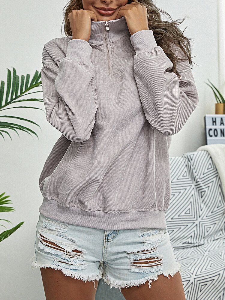 Sudadera Con Capucha Informal Con Media Cremallera Y Cuello Alto De Pana De Color Sólido Para Mujer