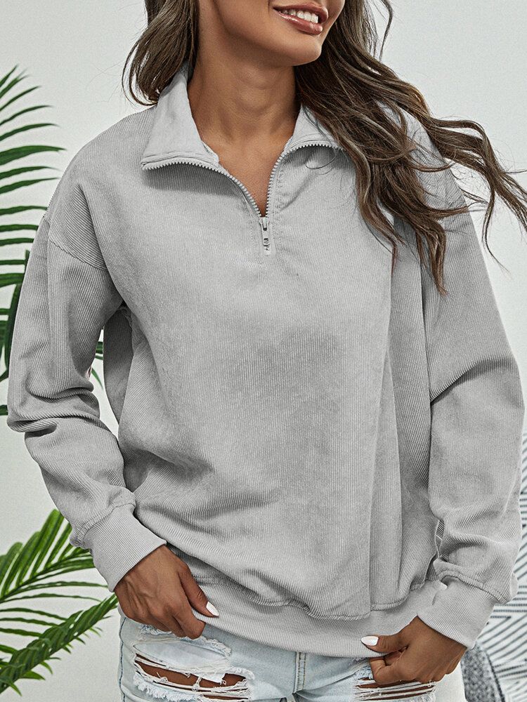 Sudadera Con Capucha Informal Con Media Cremallera Y Cuello Alto De Pana De Color Sólido Para Mujer