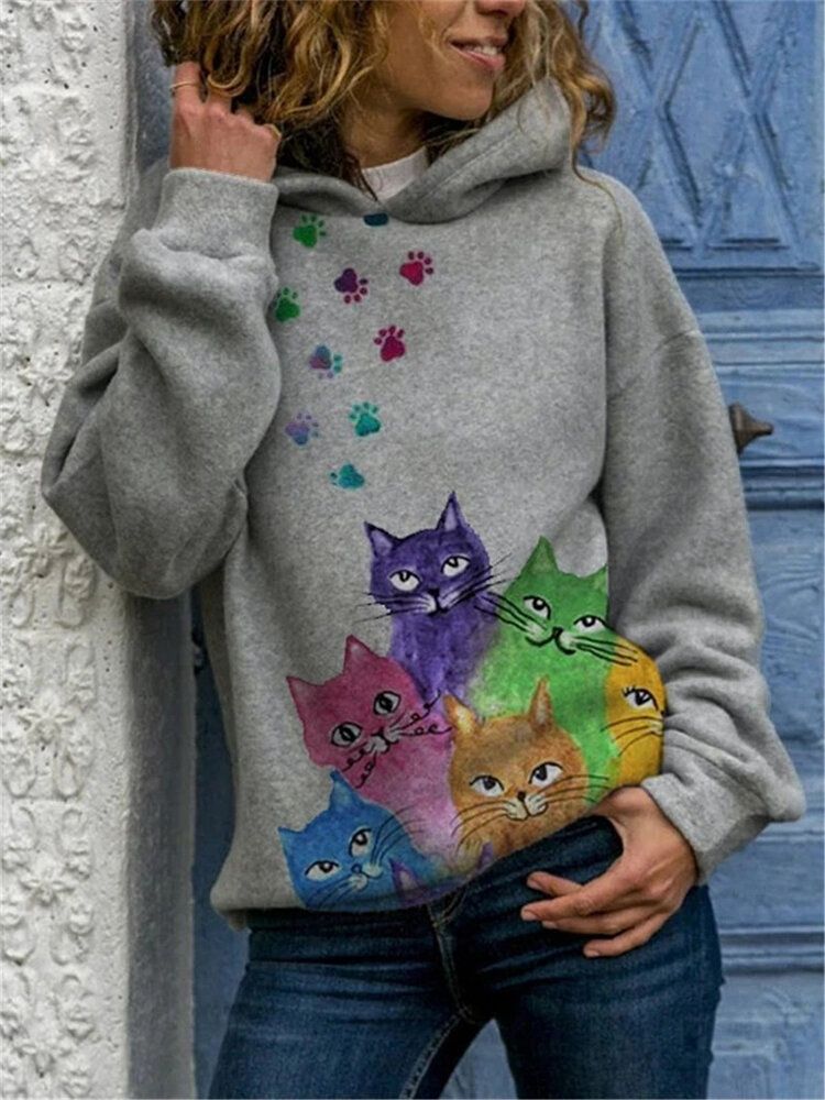 Sudadera Con Capucha Informal Suelta De Manga Larga Con Estampado De Gato De Dibujos Animados Para Mujer