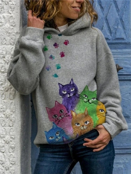 Sudadera Con Capucha Informal Suelta De Manga Larga Con Estampado De Gato De Dibujos Animados Para Mujer