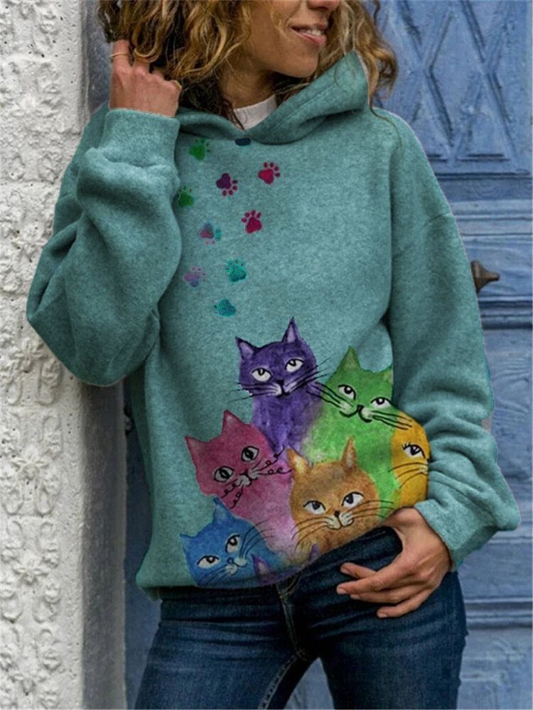 Sudadera Con Capucha Informal Suelta De Manga Larga Con Estampado De Gato De Dibujos Animados Para Mujer