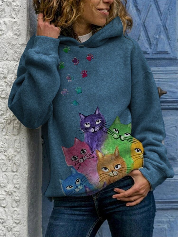 Sudadera Con Capucha Informal Suelta De Manga Larga Con Estampado De Gato De Dibujos Animados Para Mujer