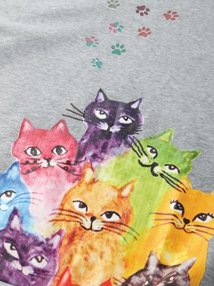 Sudadera Con Capucha Informal Suelta De Manga Larga Con Estampado De Gato De Dibujos Animados Para Mujer