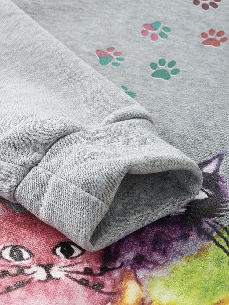 Sudadera Con Capucha Informal Suelta De Manga Larga Con Estampado De Gato De Dibujos Animados Para Mujer