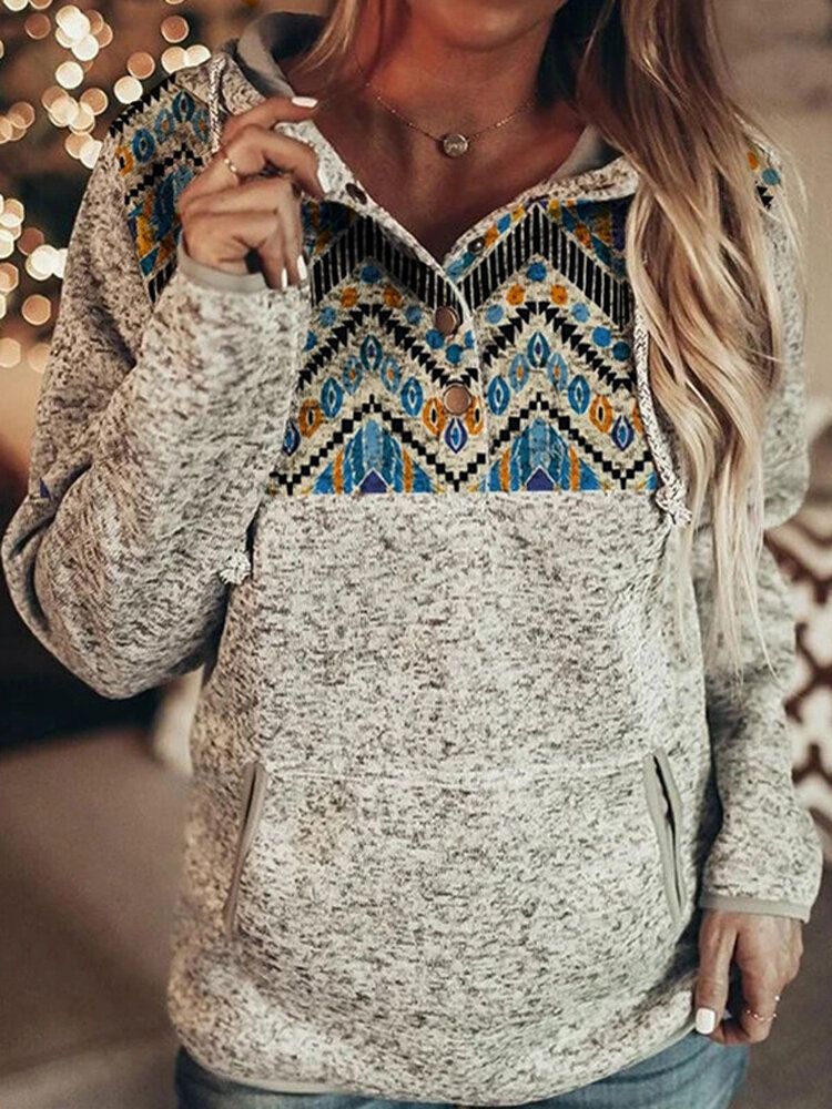 Sudadera Con Capucha De Lana Con Medio Botón De Patchwork Gitano Con Estampado De Estilo Étnico Para Mujer