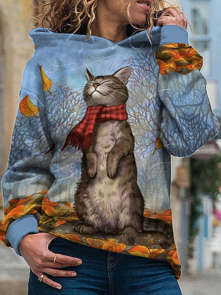 Sudadera Con Capucha De Manga Larga Con Estampado De Pintura De Gato De Dibujos Animados Para Mujer