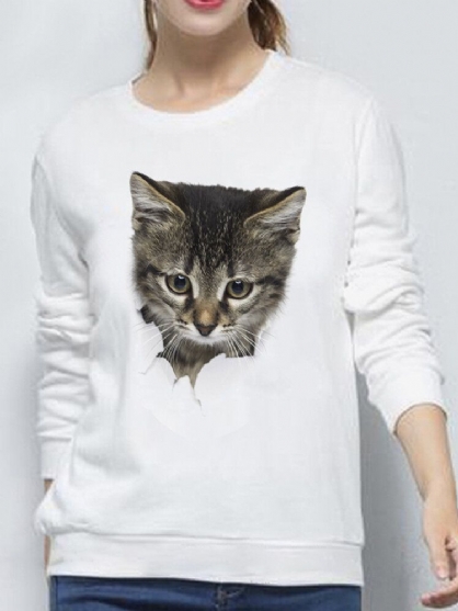 Sudadera Con Capucha De Manga Larga Simple Informal Con Cuello Redondo Y Estampado De Gato Pequeño Lindo 3d Para Mujer