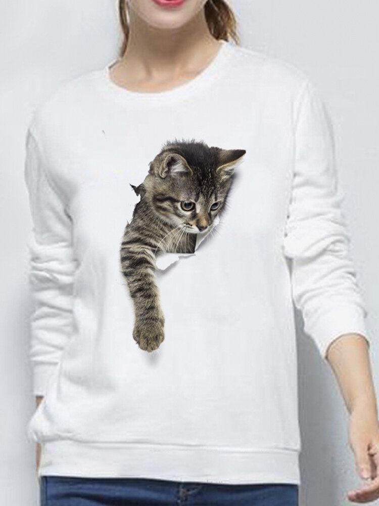 Sudadera Con Capucha De Manga Larga Simple Informal Con Cuello Redondo Y Estampado De Gato Pequeño Lindo 3d Para Mujer