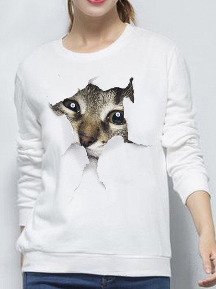 Sudadera Con Capucha De Manga Larga Simple Informal Con Cuello Redondo Y Estampado De Gato Pequeño Lindo 3d Para Mujer