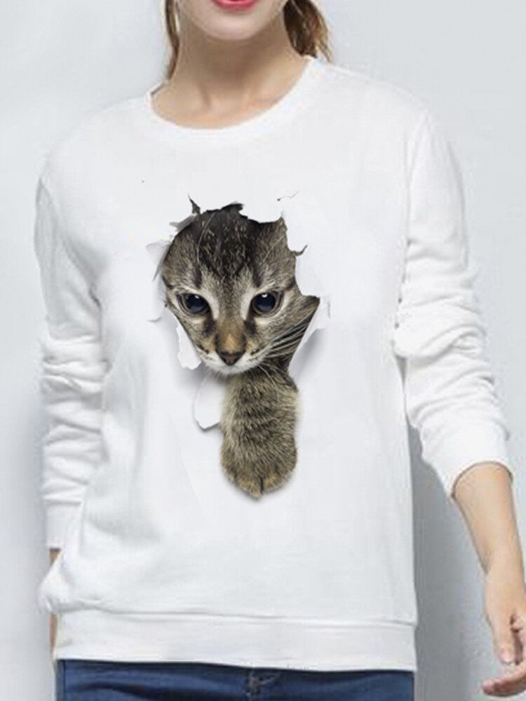 Sudadera Con Capucha De Manga Larga Simple Informal Con Cuello Redondo Y Estampado De Gato Pequeño Lindo 3d Para Mujer