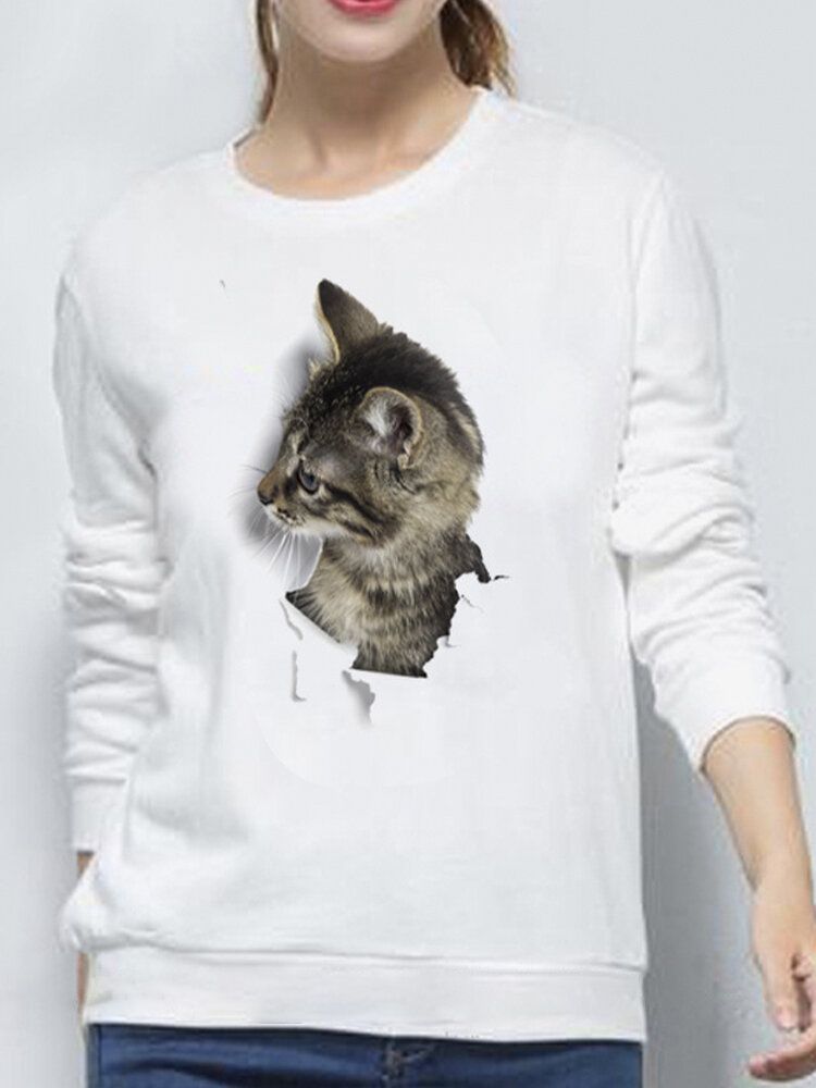 Sudadera Con Capucha De Manga Larga Simple Informal Con Cuello Redondo Y Estampado De Gato Pequeño Lindo 3d Para Mujer