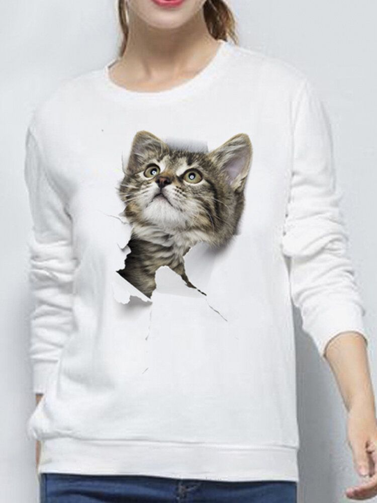 Sudadera Con Capucha De Manga Larga Simple Informal Con Cuello Redondo Y Estampado De Gato Pequeño Lindo 3d Para Mujer