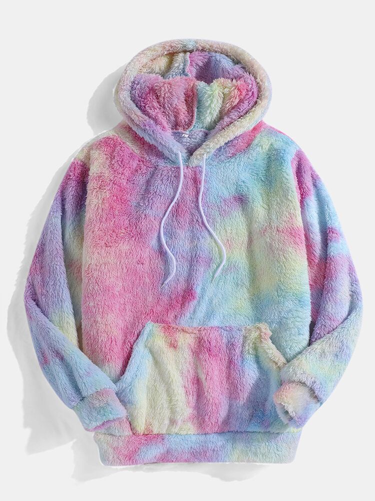 Sudadera Con Capucha Mullida De Manga Larga De Felpa De Teñido Anudado Colorido Para Hombre Con Bolsillo